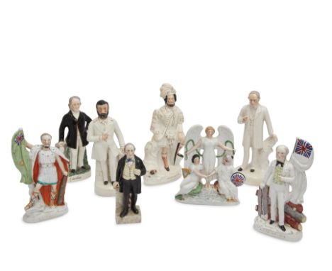 A collection of eight Staffordshire pottery flatbacks, 19th century, to include four depicting William Ewart Gladstone, 1809-