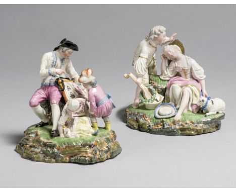 Two Höchst porcelain groups of a print-seller and a sleeping shepherdess, c.1775, blue wheel marks, the second incised N 45. 