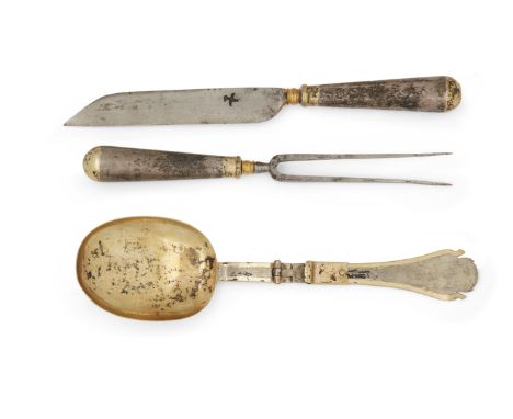 A German parcel-gilt travelling knife, fork and folding trefid spoon, possibly Nuremberg, 17th century, the silver spoon with