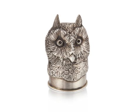A German stirrup cup in the form of a Long-eared owl, stamped 800, post 1886, with unidentified maker's mark, the cup realist