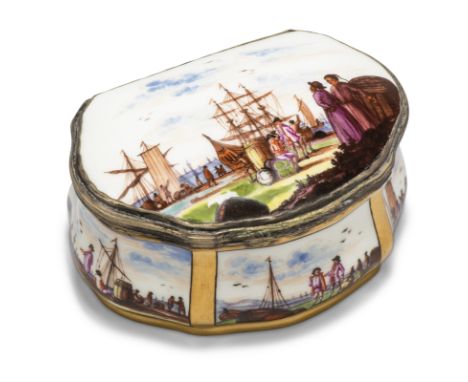 A German porcelain gilt-metal mounted snuff box and cover, possibly Meissen, probably 19th century, of bombé form, painted in