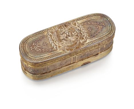 An 18th century French silver gilt snuff box, stamped to the inside of lid and oval body with a crowned 'R', an indistinct ma