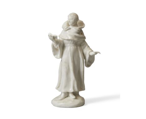 An English porcelain white figure of a monk, c.1755, probably Bow, modelled standing on a mound base, holding a book in his r