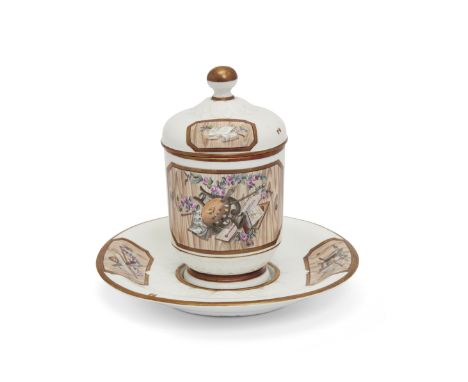 A Fulda porcelain coffee or hot chocolate cup and cover with stand, c.1785, blue crowned FF marks, impressed IK (?) marks, th