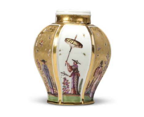 A Meissen porcelain hexagonal chinoiserie tea caddy and cover, probably c.1728, finely painted with chinoiserie figures at va