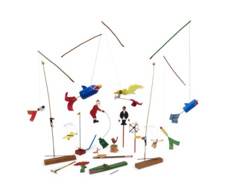Robert Race, b. 1943, Jumping Puffin and Jumping Blackbird, both wood, plain and painted bamboo, feathers, approx. 49.5cm hig