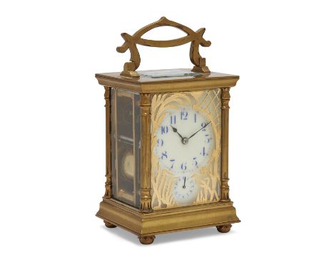 A French gilt-brass carriage clock, late 19th / early 20th century, the gilt-brass case with swing handle above four pilaster
