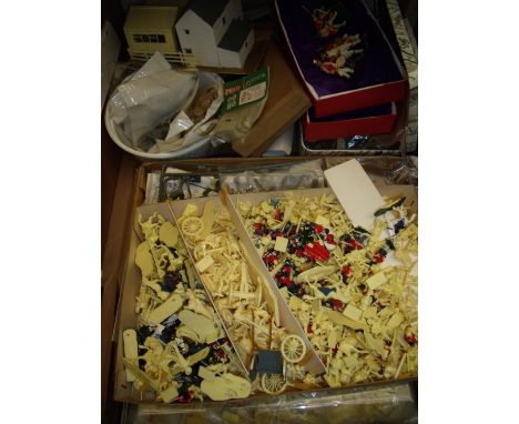 Box containing a large quantity of various plastic military miniature figures in various scales and time periods, and some ac