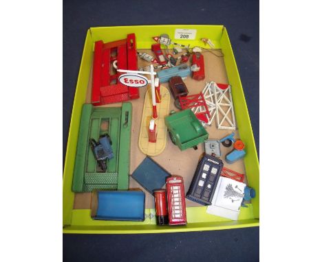 Selection of various assorted Dinky diecast accessories including motorbike and sidecar, telephone box, police boxes, post bo