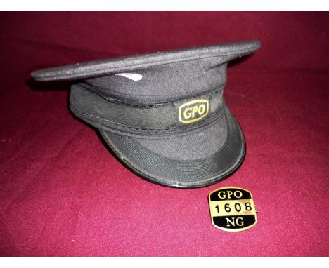 GPO peaked cap and brass &amp; enamel GPO NG badge. No 1608 (2) 