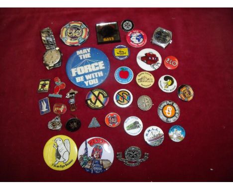 Collection of various assorted badges, lapel badges etc including an early enamel Golden Shred Golly Scouts badge, Corgi Mode