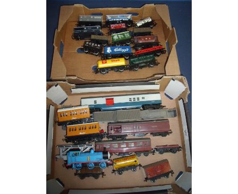 A Thomas the Tank Engine, Annie and Clarabel carriages, a collection of OO gauge rolling stock box wagons, tankers etc, Royal
