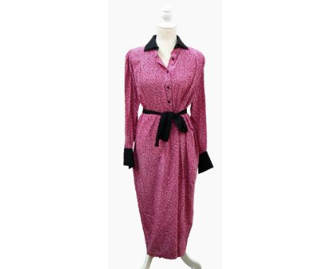 A Balenciaga pink silk shirt dress with black collar and sash, having black and white allover spot design (possibly 1980's) 