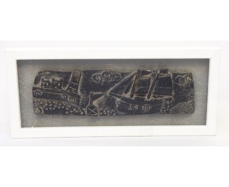John Maltby (b.1936)
Studio stoneware relief-moulded panel of boat at full-sail coming towards harbour with lighthouse and bu