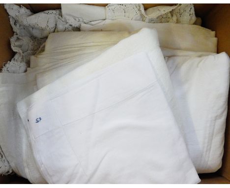 Quantity of linen to include tablecloths, etc. and tapestry cushion (1 box) 