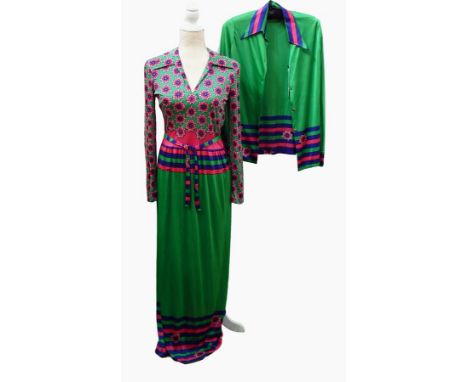 1970's Italian polyester 'Domitilla' dress made for Libertys, emerald green with stylised pink and blue flowers, with matchin