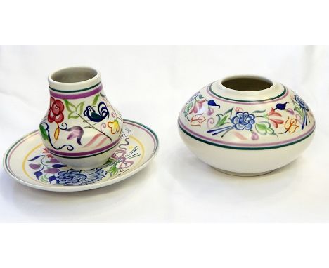 Two Poole pottery bowls, cockerel and floral decorated, two Poole pottery floral vases and Poole pottery plate, floral bouque