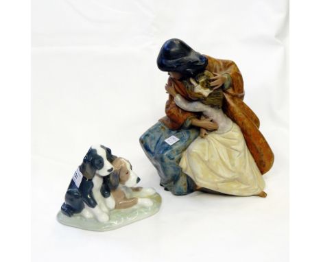 Lladro terracotta figure group of two girls seated and embracing, Nao pottery model of two dogs and Lladro model of goose and