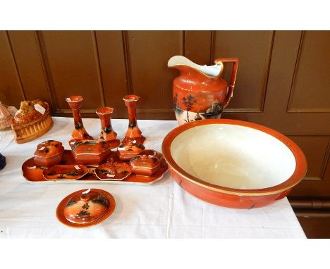 A 20th century dressing table set with ewer and basin, oriental decoration (14) 