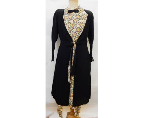 A 1940's/50's black crepe dress with floral panel, tie front, a black crepe bow, floral collar, a silk blue and cream check d