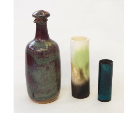 Tessa Wolfe Murray 
Studio ceramic cylindrical vase with mottled and spray-effect green, brown decoration, signed "Wolfe Murr