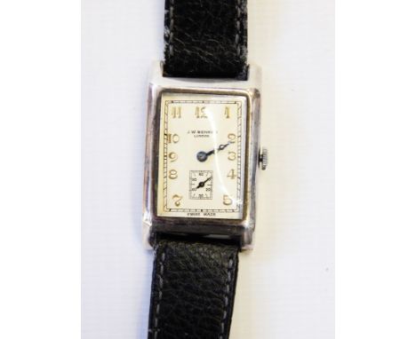 A vintage watch by J W Benson, London, silver-coloured metal and possibly enamel face with a leather strap (boxed but not the