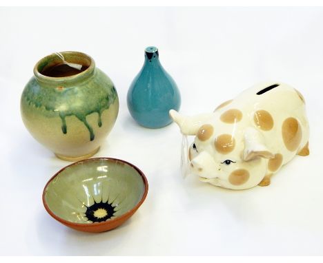 Three Upchurch studio pottery soup bowls, four saucers, Langley pottery blue and black condiment set of three pieces, Szeiler