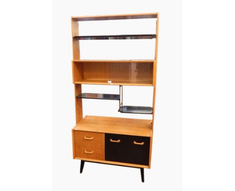 G-Plan light oak and ebonised shelf unit with glazed section, open shelves, drawers and cupboards, 92cm wide  