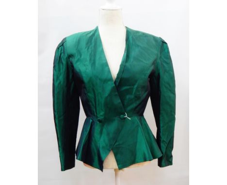 An emerald green taffeta evening jacket, a black and gold devore velvet shawl with gold fringe, a Bella black and silver sequ
