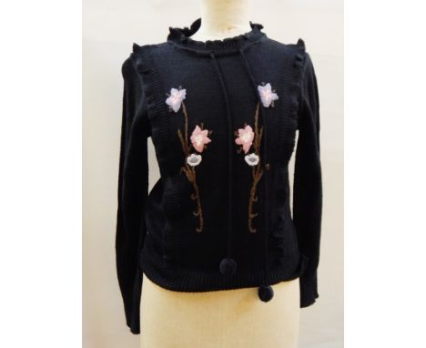 A vintage knitted jumper with embroidered flowers and a frill, a 1950's blouse, a Royal Wordsley black cardigan, a St Tropez 