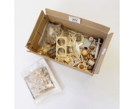 Various bone and mother-of-pearl items for repairing, sewing tools, etc. (1 box) 