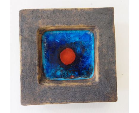 Robin Welsh (b.1936) 
Square-shaped stepped dish with oxidised sides to central well with deep blue enamel and central red do