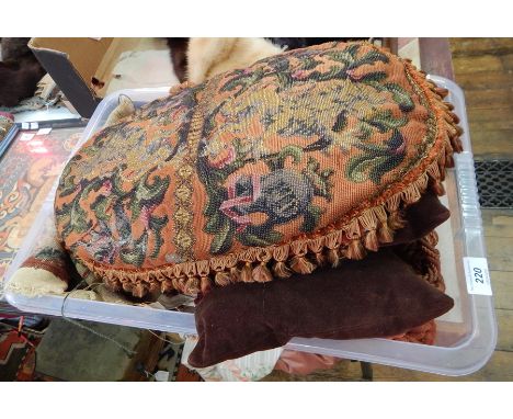 Victorian beadwork and woolwork tapestry cushion, lion rampant, helmet and foliate scroll decorated, pair French tassel tie-b