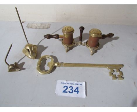  Sale Item:    BRASS CRUET SET KEY & MICE CANDLE SNUFFERS  Vat Status:   No Vat   Buyers Premium:  This lot is subject to a B