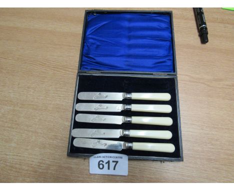  Sale Item:    CASED STAINLESS NICKEL SILVER PLANE BUTTER KNIVES (ONLY 5 AF)  Vat Status:   No Vat   Buyers Premium:  This lo