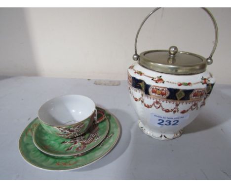  Sale Item:    MONA BISCUIT BARREL & CUP PLATE & SAUCER  Vat Status:   No Vat   Buyers Premium:  This lot is subject to a Buy