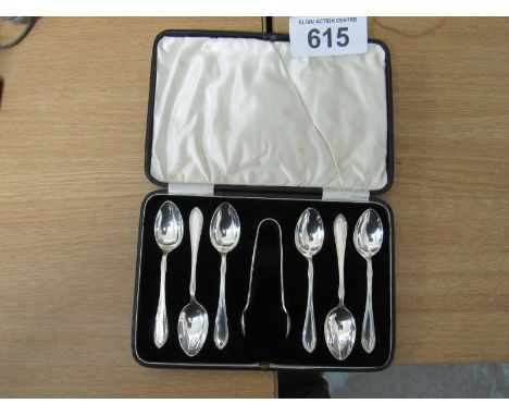  Sale Item:    CASED SILVER SPOONS & TONGS   Vat Status:   No Vat   Buyers Premium:  This lot is subject to a Buyers Premium 