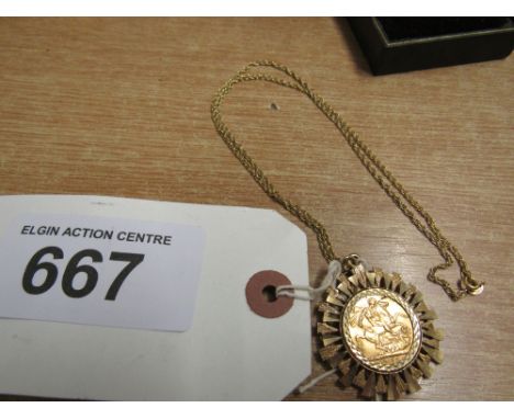  Sale Item:    1909 GOLD SOVEREIGN ON CHAIN   Vat Status:   No Vat   Buyers Premium:  This lot is subject to a Buyers Premium