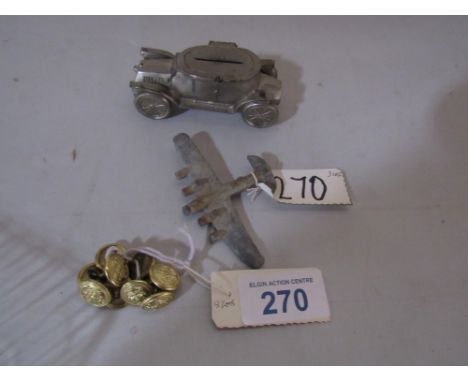  Sale Item:    CAR MONEY BANK LEAD 4 ENGINE BOMBER & BRASS BUTTONS (AF)  Vat Status:   No Vat   Buyers Premium:  This lot is 