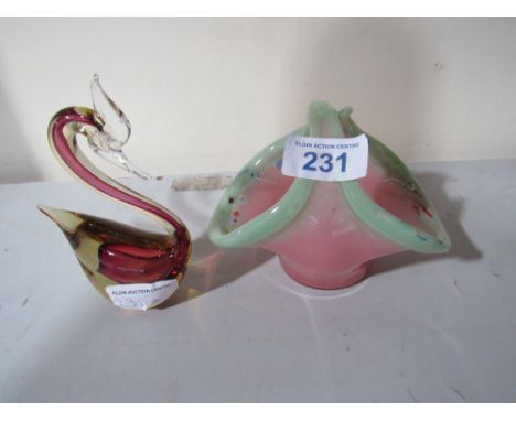  Sale Item:    COLOURED GLASS BASKET & GLASS BIRD  Vat Status:   No Vat   Buyers Premium:  This lot is subject to a Buyers Pr