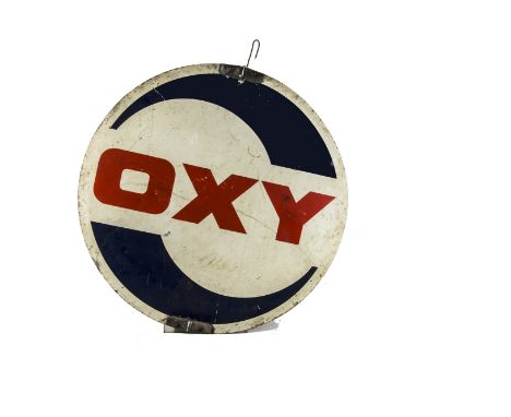 Motoring, a vintage OXY / VIP circular two sided sign, probably from a forecourt open/closed revolving sign, complete with st