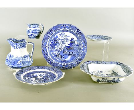A blue and white Copeland Spode Italian Garden jug, and various other blue and white ceramics