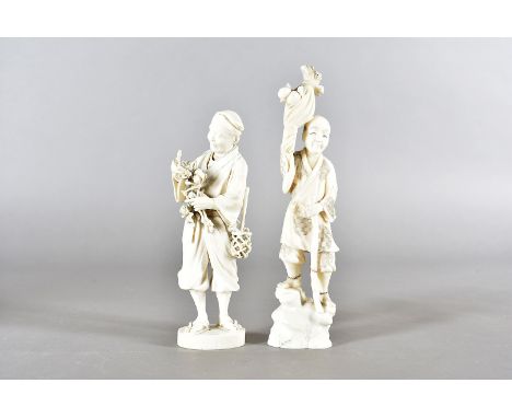 A Japanese Meiji period signed ivory okimono, modelled as a gardener with roses in hand, and axe to waist on a small oval bas