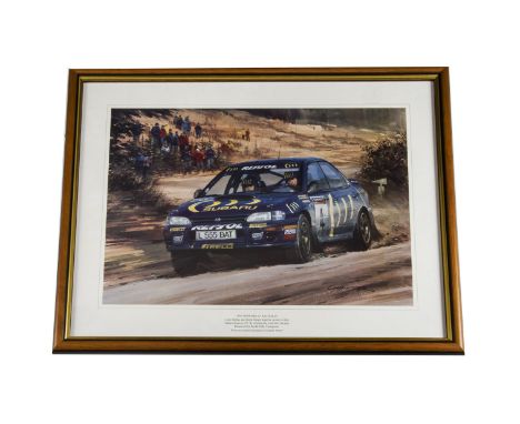 Motor Racing, a  Colin McRae print, Network Q RAC Rally 1995, Subaru Impreza, 32cm x 46cm framed and glazed together with a L