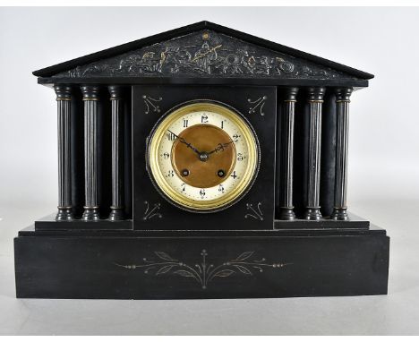 A 19th Century slate architectural mantel clock, with painted columns, arched pediment with Classical frieze, 42 cm wide x 30