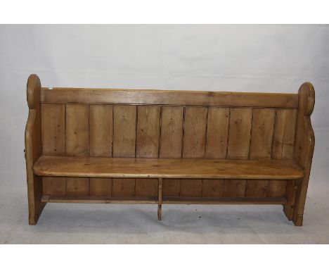 Vintage Church Pew, Waxed pine, with planked back and shaped ends 97cm high 180cm long 45 deep