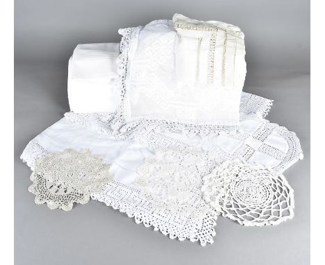 A collection of vintage lace, including various items of damask, and linen table cloths