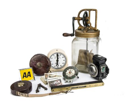 Motoring, a Lucas "Pathfinder No 43" paraffin Bicycle lamp, Leeds Road Courtesy Rally 1960 car badge,  1970's square AA badge