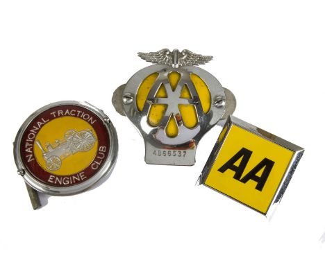 Motoring, a National Traction Engine Club grill badge together with a 1950's AA grill badge and a square 1970's AA grill badg
