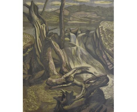 Edward D'arcy Lister, English School, woodblock print, The Waterfall, No 7 of 18, signed to margin and dated 56, 48 cm x 39 c